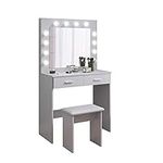 Jooli H Grey Dressing Table Set with Hollywood LED Lights Mirror, Vanity Makeup Table 2 Large Drawers and Stool