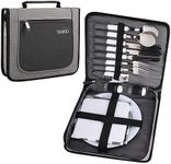 BRONZY TABID Picnic Set Camping Cutlery Organizer 2 Person Dinnerware Set - 16pcs Mess Kit,Portable Eating Set with Plates,Spoons,Knives,Wine Opener,Forks,Napkins (Black) (2 Person, Gray)