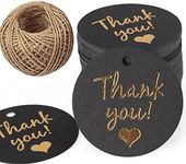 Thank You Tags,100pcs Black Round Paper Gift Wrap Hang Tags with 100 Feet Jute String for Wedding Baby Shower Birthday Party Favors