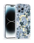 SCORPIFY for iPhone 15 Pro Max Case for Blue Nemophila Floral Design [Compatible with MagSafe], Cute Clear Flower Magnetic Phone Cover for Women Girls, Slim Bumper with Stylish Gold Accents