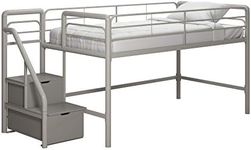 DHP Junior Twin Metal Loft Bed with Storage Steps, Multifunctional Space-Saving Solution - Silver with Gray Steps