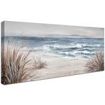 Wooden Framed Large Canvas Wall Art Coastal Beach Seascape Canvas Print Blue Ocean White Wave Abstract Painting On Canvas Poster Artwork Picture for Living Room Bedroom Home Office Wall Decor 50x120cm