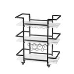 DAWNYIELD 3-Tier Bar Serving Cart, Mobile Wine Cart on Wheels with Wine Racks and Glass Holder, Rolling Kitchen Storage Trolley with Marble pattern plate for Kitchen Living Room Party Home Bar(Black)