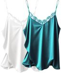 Ekouaer Women's 2 PCS Silk Satin Tank Top Lace Cami Spaghetti Strap Top V Neck Camisoles White & Green L