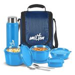 MILTON Pro Lunch Tiffin (3 Microwave Safe Inner Steel Containers, 180/320/450 ml; 1 Plastic Chutney Dabba,100 ml; 1 Aqua Steel Bottle, 750 ml, Steel Spoon and Fork) with Insulated Fabric Jacket, Blue