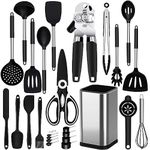 Kitchen Utensils Set, 26 Pack Silicone Cooking Utensils Set with Holder, Silicone Kitchen Utensils, Heat Resistant, Non Stick Spatula Spoon Silicone Slotted Spatula Cooking Tools Turner Tongs, Black