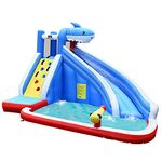 COSTWAY Inflatable Water Slide, Kids Bounce House with Climbing Wall, Splash Pool & Water Cannon, Outdoor Summer Blow Up Activity Center for Kids (Shark)