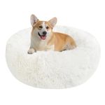 Calming Dog and Cat Bed Donut - 23.6'' Dog Bed Small, Fluffy Cat Anti Anxiety Beds for Indoor Cats, Washable Pet Bed with Non-Skid Bottom for Dogs and Cats, White L(23.6in/60cm)