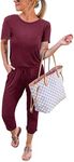 KIRUNDO 2025 Women's Casual Summer Jumpsuits Short Sleeve Crewneck Drawstring Elastic Waist Jumpsuit Romper With Pockets(Wine Red, Large)