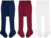 CozyWay Cable Knit Cotton Leggings/Tights for Toddler Girls, 3 Pack, White/Navy Blue/Burgundy, 2-4 Years Old