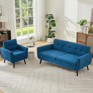 Kingfun Living Room Furniture Sets, Standard & Accent Chair, Mid Century Modern Decor Sofa Couches, Button Tufted Upholstered Furniture, Blue
