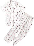 Arshiner Pajamas for Girls Short Sleeve Long Pants Outfit 2 Piece Sleepwear Button Pjs Sets Cherry 11-12 Years