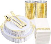 LATERN 175Pcs Multi-Use White and Gold Plastic Dinnerware Set, 25 Resuable Dinner Plates, 25 Salad Plates, 25 Knives, 25 Mini Forks, 25 Spoons, 25 Cups, 25 Napkins for Wedding Anniversary Garden Party