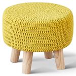 Wimarsbon Small Ottomans, 100% Hand Knitted Pouf, Round Footrest with 4 Non-Skid Wood Legs, Boho Décor Cotton Rope Pouffe Beside Sofa, Leisure Floor Step Chair for Living Room (Yellow)