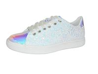 LUCKY STEP Glitter Sneakers Lace up | Fashion Sneakers | Sparkly Shoes for Women (7 B(M) US,White Hologram)