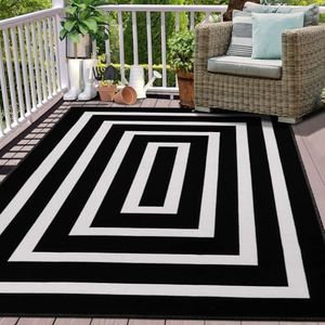LEEVAN Black and White Striped Area Rug 5' x 7' Indoor Outdoor Rug Washable Woven Farmhouse Porch Front Outdoor Rug Patio Clearance for Living Room Courtyard Large Cotton Floor Carpet