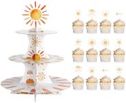 Skybooly 25 Pcs 3 Tier Sun Cardboard Cupcake Stand Sun Cake Topper Set Cupcake Tower 24 Sunshine Cupcake Toppers Dessert Holder Sun Birthday Decorations for Baby Shower Party Table Supplies