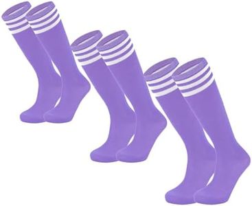 Durio Kids Soccer Socks Soft Cotton Toddler Soccer Socks for Girls Boys Kids Baseball Socks Youth Baseball Socks, 3pack Purple White, 6-9 Years