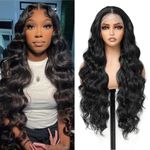 Yacurcur 13x6 Lace Frontal Wig Long Body Wave Wigs Pre-Plucked Hairline with Baby Hair Transparent Swiss Lace Heat Resistant Synthetic Hair Glueless Lace Front Wavy Wigs for Women 32 Inch (#Black)