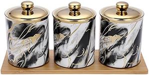 JUXYES Set of 3 Ceramic Canisters for Sugar Coffee Tea With Tray, Luxurious Storage Containers Sets with Lids Decorative Pots Marble Jar Kitchen Counter Dining Room Black,Golden