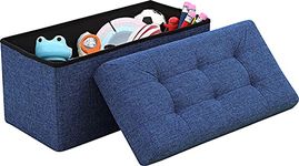 SKYFUN (LABEL) Folding Storage Ottoman, Long Sofa Bench, Fabric Linen Footrest Stool for Makeup Cosmetic Laundry, Toys Storage Organizer Bin Box with Lidded Cover (X-Large, Dark Blue)