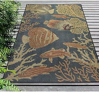 Liora Manne Patio Low Profile Easy Care Weather Resistant Indoor/Outdoor Rug-Transitional, Tropical, Ocean, Contemporary, Fish Navy 1'11" x 7'6"