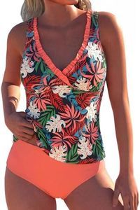 ZAFUL Tankini Swimsuit for Women Tummy Control Bathing Suits Modest Ruffle V Neck Two Piece Swim Suits 2026 Coral S