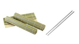 Craftacious Natural Bamboo Sushi Mat Cum Table Place Mat with Chopsticks (Sushi Mat with Steel Chopsticks, Pack of 1 Mat & 1 Pair Chopstics)