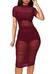 Mesh Dresses for Women Sexy See Through Sheer Midi Long Sleeve Dress, Wine, Small
