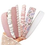 Fashion Headbands for Women Girls Headbands Set, 7pcs Pearl Headband Floral Headbands Padded Headbands for Women Vintage Wide Headband (Pink)