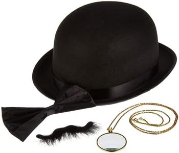 The Detective’s Sidekick Halloween Costume Accessory Kit - Classic Book Novel Character - Includes Iconic Black Derby Bowler Hat, Bow Tie, Fake Mustache, & Monocle - Party, Roleplay, Cosplay Outfits