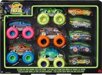 Hot Wheels Monster Trucks Glow in The Dark Multipack with 10 Toy Vehicles: 5 Monster Trucks & 5 1:64 Scale Cars, Collectible Gift for Kids Ages 4 to 8 Years Old