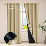 GRALI-DECOR 100% Blackout Curtains with Black Liner, Herringbone Textured Thermal Insulated Noise Reducing Grommet Panels Total Blackout Full Room Darkening, Linen Beige, 52 x 84 Inch, 2 Panels