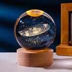 3D Crystal Ball Solar System LED Night Light with Wooden Base,6cm Universe Glass Glow Ball Light Planet Lamp Projection Lamp as a Christmas Birthday Astronomy Space Gift for Boys Girls