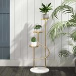 GLOBAL QUALITY IMPEX, Tall Metal Plant Stand 3 Tier Modern Corner Ladder Planter in Golden Marble base. outdoor and indoor plant stand.