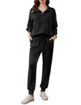 PINSPARK 2 Piece Outfits for Women 2024 Fall Travel Outfits Long Sleeve Tracksuit Lounge Sets Half Zip Sweatsuits Joggers Sets with Drawstring,Black Medium