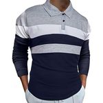 Men's Stripe Polo Shirt Moisture Wicking Golf Polo Long Sleeve Quick Dry Performance Workout Tennis Athletic T-Shirt(Grey,XX-Large)