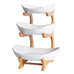 YingXue Ceramic Fruits Bowls - White 3 Tier Oval Bowl Set with Natural Bamboo Rack, Tiered Ceramic Serving Tray Set for Sushi, Dessert, Fruit, Vegetables, Appetizer, Cake, Candy, Chip Dip