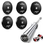 Leeway Olympic Barbell with Bumper Weight Plates | 150 Kg Rubber Weight Plate Set and 7.2 Ft Chrome Gym Bar | Olympic Weightlifting Gym Plates for Home and Commercial (150kg Set (5X2+10X2+15X2+20X2+25X2))
