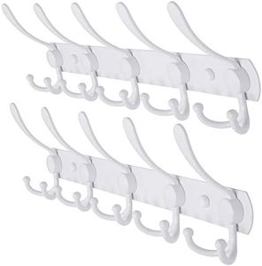 Dseap Wall Mounted Coat Rack - 5 Tri Hooks, Heavy Duty, Stainless Steel, Metal Coat Hook Rail for Coat Hat Towel Purse Robes Mudroom Bathroom Entryway (White, 2 Packs)