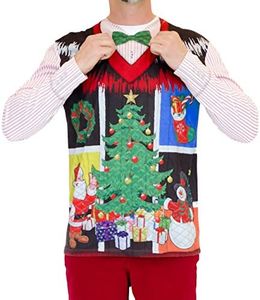 Faux Real Men's 3D Photo-Realistic Ugly Christmas Sweater Long Sleeve T-Shirt, Noel Vest Bow Tie, Medium