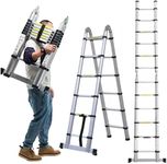 Telescopic Extension Ladder Portable Multi Purpose Folding Non-Slip 12.5ft/3.8m Stainless Steel Ladder EN131 Safe Standard 330 LB Load Capacity (1.9m + 1.9m A-Frame Ladder)