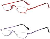 Half Reading Glasses - 2 Pairs Half Rim Metal Frame Glasses Spring Hinge Readers with Leather Pouch for Men and Women, Red+purple, 2.5x