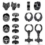 PATISORNA 7Pairs Norse Viking Earrings for Men Stainless Steel Black Stud Earrings Fake Gauges Earrings Faux Plug Vintage Huggie Hoop Earrings Celtic Divination Thors Hammer Wolf Earrings