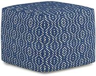 SIMPLIHOME Graham Square Pouf, Footstool, Upholstered in Patterned Blue, Natural Hand Woven Cotton, for the Living Room, Bedroom and Kids Room, Transitional, Boho