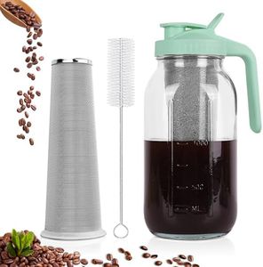 Cold Brew Coffee Maker，64 oz Wide Mouth Mason Jar Pitcher with Stainless Steel Filter, Pour Spout Handle Lid, Heavy Duty Glass Airtight & Leak-Proof Pitcher for iced coffee & Tea Lemonade-Green