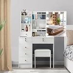 Guanglai Vanity Desk with Mirror and Lights Vanity Table Set with 5 Drawers and Stool,Shelves Vanity Set Dressing Table Bedroom Furniture for Girl Woman White