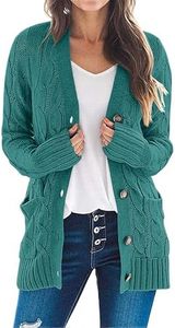 MEROKEETY Women's 2024 Fall Long Sleeve Cable Knit Sweater Open Front Cardigan Button Loose Outerwear Teal Green
