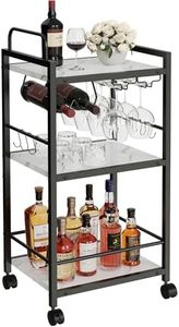 Bar Cart for The Home, 3 Tier Kitchen Carts with Wheels, Small Rolling Cart with Glass Holders, Wine Rack, Mini Bar Cart for Kitchen, Dining room, Living Room, 13.0"D x 17.0"W x 33.8"H, Marble White