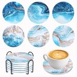 TsunNee 6PCS Ceramic Round Absorbent Drink Coasters with Holder, Cork Base Drink Coasters, Non Slip Drink Coasters Marble Theme for Housewarming Apartment Kitchen Room Bar Decor